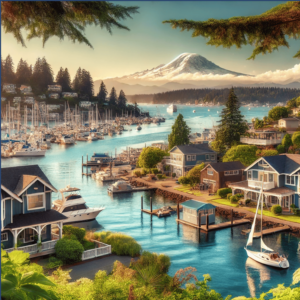 A coastal community with a mountain in the background.