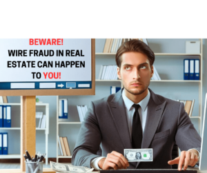 Beware! Wire fraud in real estate can happen to you. Man in a suit holding money.