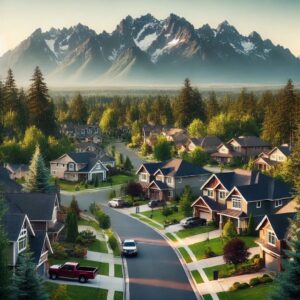 Scenic view of a suburb with mountains the background.